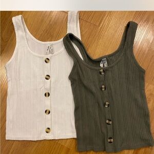Mudd Button-Front Ribbed Tank Tops - White and Olive